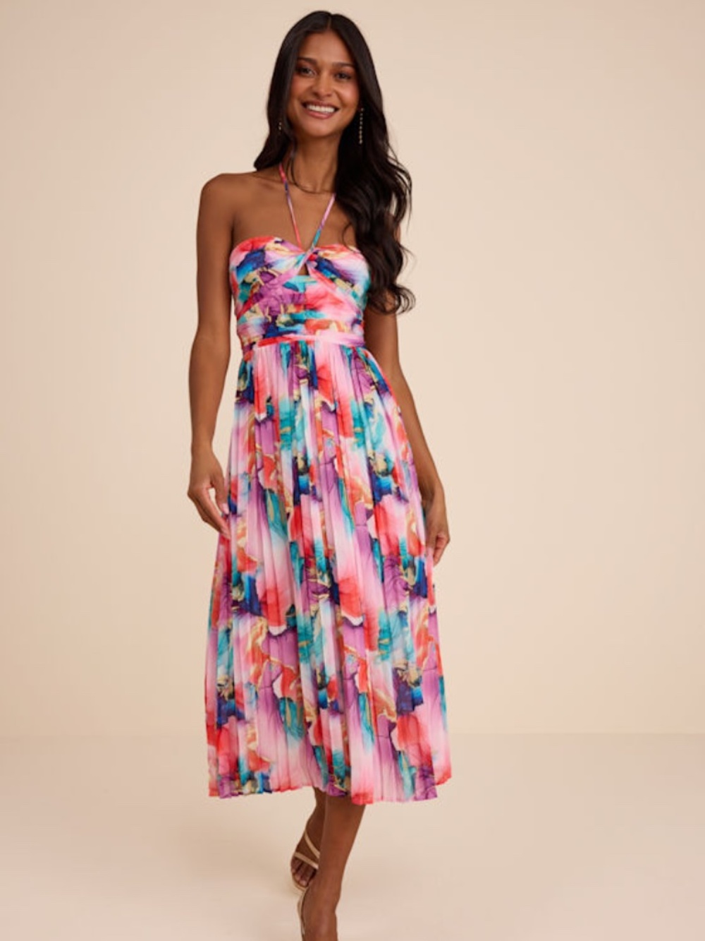Lulus Anara Pink Multi Floral Pleated Halter Midi Dress - Size XL